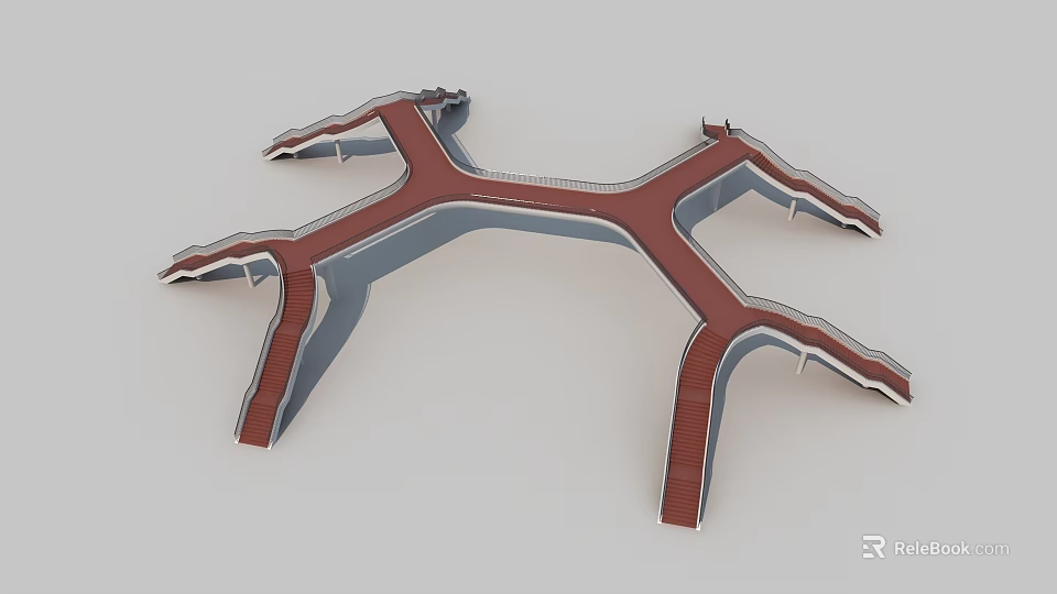 Multi Branch Road Infrastructure Design Featuring Red Pavement And Gray Edges 3d model