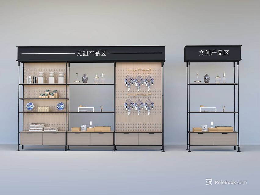 Multi tiered Display Shelves for Cultural Creative Products with Hooks and Storage 3d model 