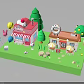 Cute Mini Commercial Buildings With Pink And Orange Exteriors Balloons Trees Tables And Decorations