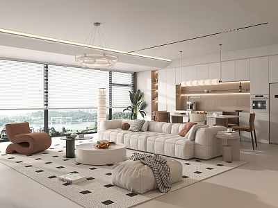 Modern Living and Dining Room Interior with Large Windows Sofa Dining Table Chandelier and Area Rug 3d model