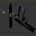 Black Handgun With Magazines Bullets And Disassembled Parts On Dark Surface