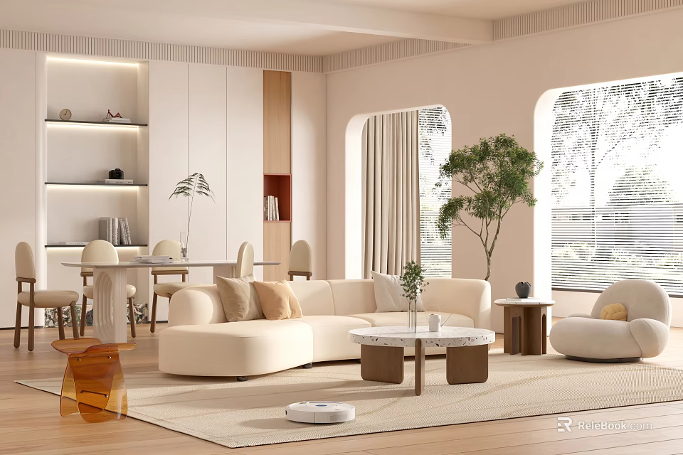 Modern Living Dining Room Interior Design With Beige Sofa Dining Table Large Windows And Green Plant 3d model 