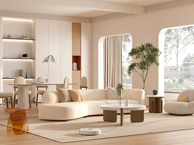 Modern Living Dining Room Interior Design With Beige Sofa Dining Table Large Windows And Green Plant 3d model