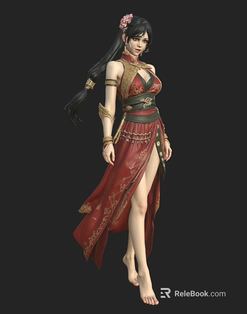 Woman In Gorgeous Red Long Dress With Gold Patterns High Slit And Arm Decorations 3d model 