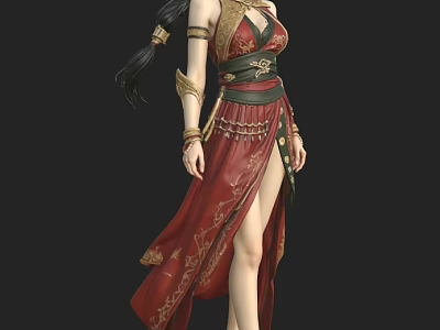 Woman In Gorgeous Red Long Dress With Gold Patterns High Slit And Arm Decorations 3d model