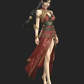 Woman In Gorgeous Red Long Dress With Gold Patterns High Slit And Arm Decorations