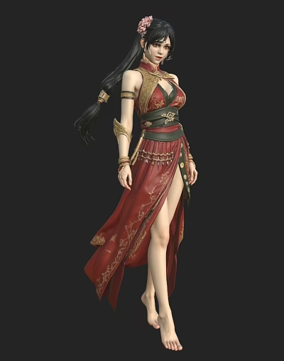 Woman In Gorgeous Red Long Dress With Gold Patterns High Slit And Arm Decorations 3d model