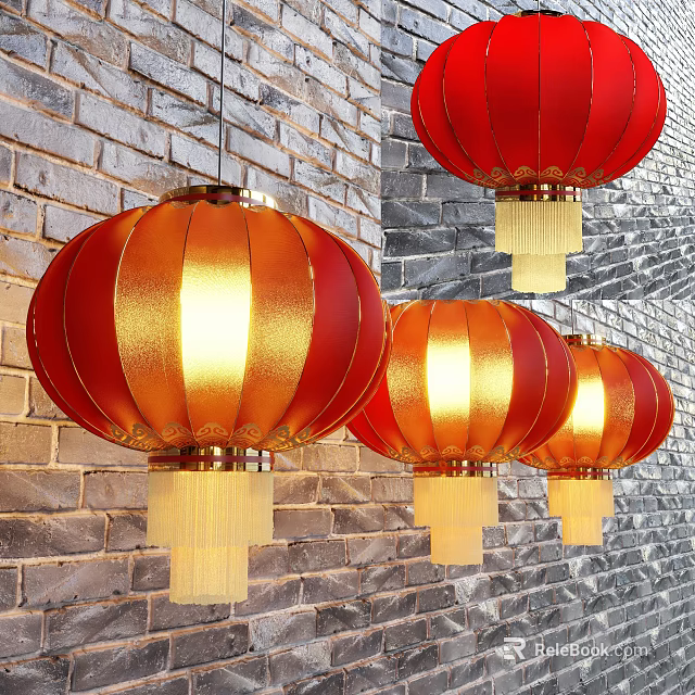 Red and Gold Decorative Lanterns Hanging On Brick Wall With Tassels 3d model 