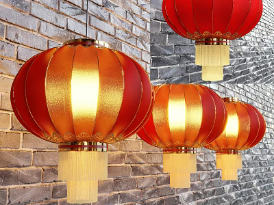 Red and Gold Decorative Lanterns Hanging On Brick Wall With Tassels 3d model