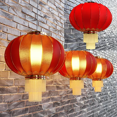 Red and Gold Decorative Lanterns Hanging On Brick Wall With Tassels 3d model
