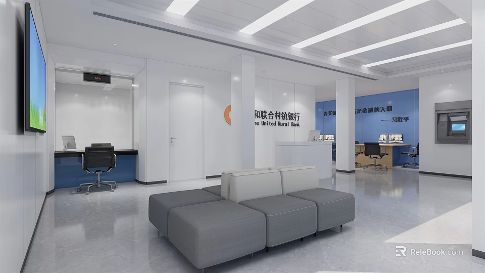 Modern Service Hall Interior with Reception Desk Sofa Waiting Area and Office Workstations 3d model 