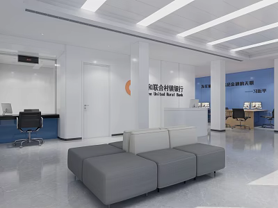 Modern Service Hall Interior with Reception Desk Sofa Waiting Area and Office Workstations 3d model