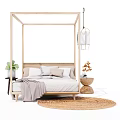 Wooden Canopy Double Bed With Side Table Green Plant Pillows Hanging Lamp And Woven Rug