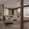 Modern Dining Living Room Interior With Wooden Cabinets Marble Table And Lighting Fixtures