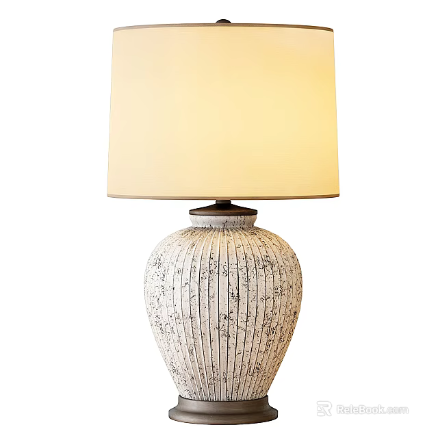 White Ribbed Table Lamp With Floral Pattern And Cream Lampshade for Home Decor 3d model 