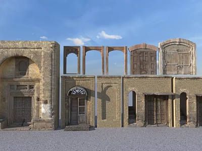 Historical Antique Entry Gates With Brick Arches And Vintage Wooden Doors 3d model