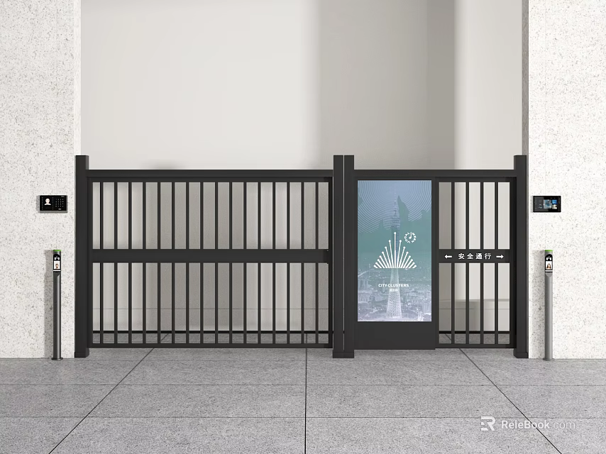 Public Facility Entrance Featuring Black Fence Gate Glass Door Pillars And Grey Floor Tiles 3d model 