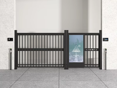 Public Facility Entrance Featuring Black Fence Gate Glass Door Pillars And Grey Floor Tiles 3d model