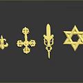 Golden Decorative Sculpture Carvings Featuring Fleur de Lis Cross Sword and Star Shapes