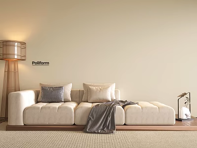 Beige Sectional Sofa With Patterned Cushions Throw Blanket Modern Floor Lamp And Side Table 3d model