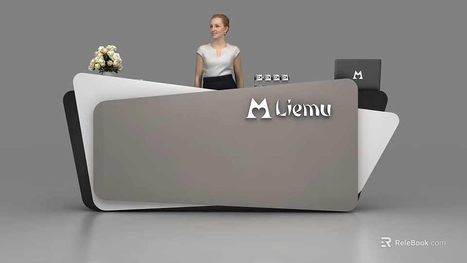 Modern Gray And White Reception Desk With Liemu Logo Receptionist And White Flowers 3d model 