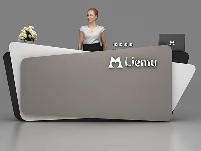 Modern Gray And White Reception Desk With Liemu Logo Receptionist And White Flowers 3d model