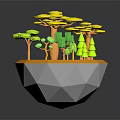 Cartoon Style Island Scene Featuring Yellow Big Trees Green Shrubs And Polygonal Base
