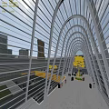 Modern Office Corridor With Arched Glass Roof Natural Light And Surrounding High Rise Buildings