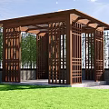 Wooden Garden Pavilion With Lattice Structure Surrounded By Green Plants And Lawn