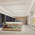 Modern Retail Interior Space With Wooden Ceiling Hanging Globe Lights Shelves Display Counters And Chairs