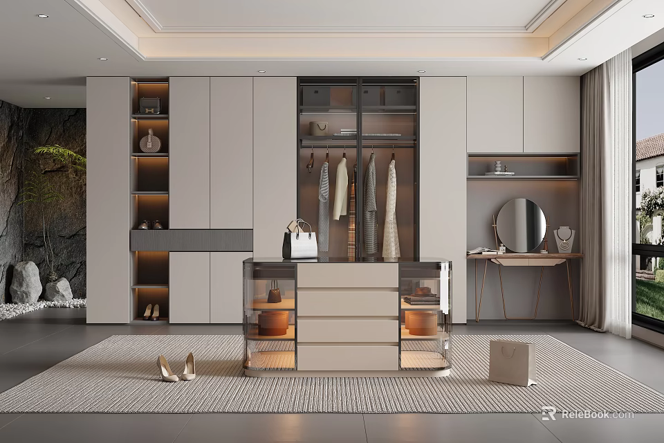 Modern Walk in Closet Interior Design With Hanging Area Cabinets Drawers And Mirror 3d model 