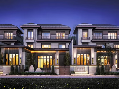 Modern Townhouse Row Exterior With Warm Evening Lighting And Landscaped Front Yard 3d model