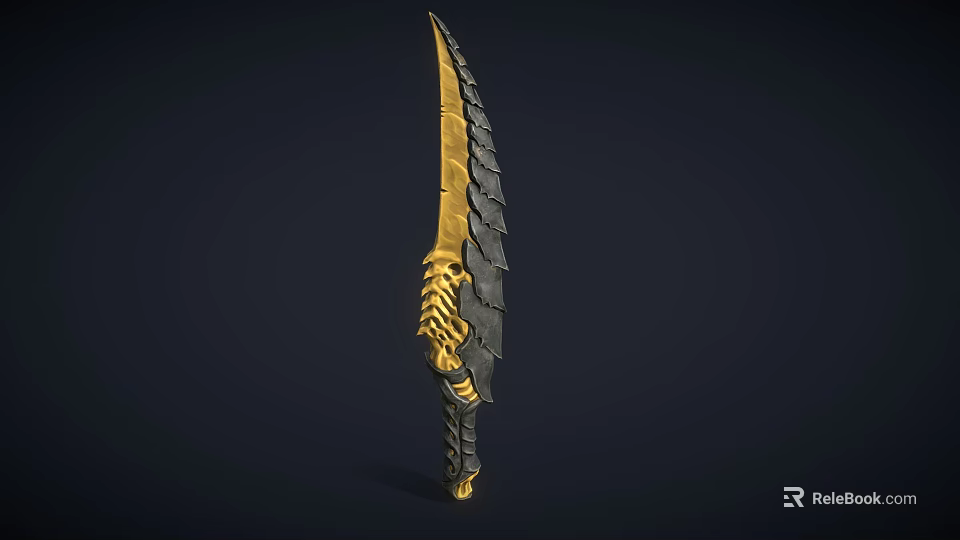 Decorative Weapon Featuring Golden Black Design Skeleton Handle and Sharp Textured Blade 3d model 