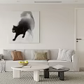 Modern Beige Sofa Coffee Table Set with Pillows Round Table Fruits Book Black Cat Painting