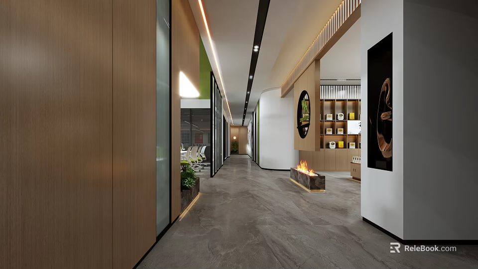 Modern Office Corridor With Wooden Walls Glass Partitions Green Plants Decorative Painting And Gray Floor 3d model 