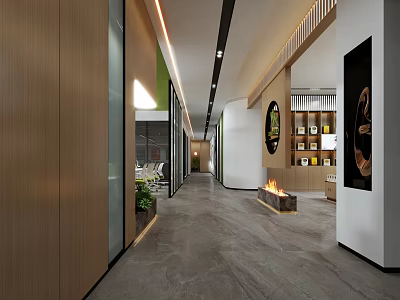 Modern Office Corridor With Wooden Walls Glass Partitions Green Plants Decorative Painting And Gray Floor 3d model