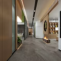 Modern Office Corridor With Wooden Walls Glass Partitions Green Plants Decorative Painting And Gray Floor