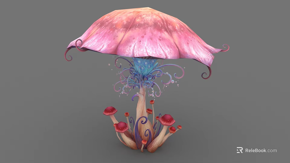 Cartoon Scene Featuring Pink Umbrella-like Top Curled Edges Blue Structure Purple Vines And Red Mushrooms 3d model 