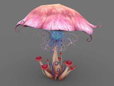 Cartoon Scene Featuring Pink Umbrella-like Top Curled Edges Blue Structure Purple Vines And Red Mushrooms 3d model
