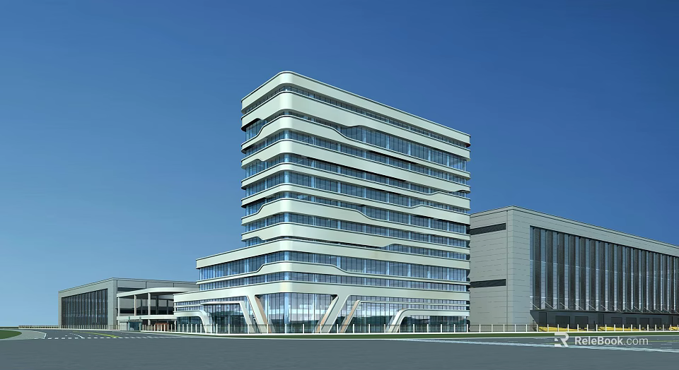 Modern Office Building With Glass Curtain Walls Multi Storey Design Adjacent Structures And Spacious Surroundings 3d model 