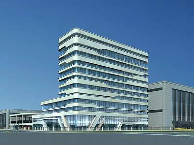 Modern Office Building With Glass Curtain Walls Multi Storey Design Adjacent Structures And Spacious Surroundings 3d model