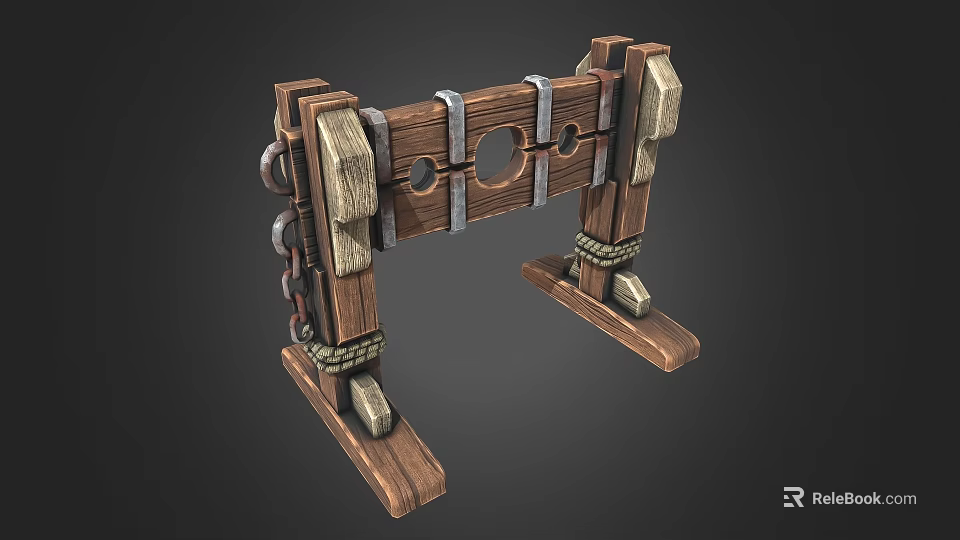 Medieval Wooden Restraint Structure With Metal Straps Chains And Circular Holes 3d model 