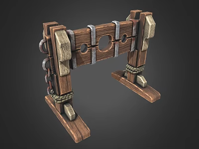 Medieval Wooden Restraint Structure With Metal Straps Chains And Circular Holes 3d model