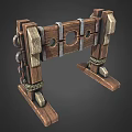 Medieval Wooden Restraint Structure With Metal Straps Chains And Circular Holes