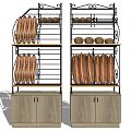 Ornate Metal Display Shelves with Wooden Base Cabinets and Bread Loaves