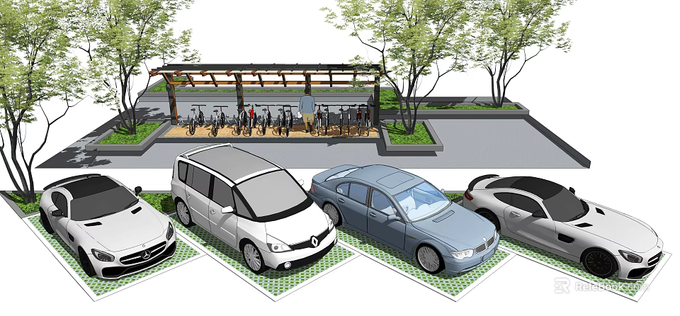 Outdoor Bicycle Shelter With Car Parking Area And Surrounding Trees 3d model 