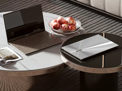 Stylish Laptop On Coffee Table With Bowl Of Apples And Magazine In Modern Living Room 3d model