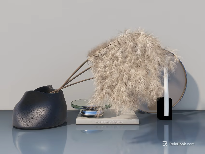 Modern Hinged Door Interior With Black Vase White Pampas Grass And Gray Table Decor 3d model 