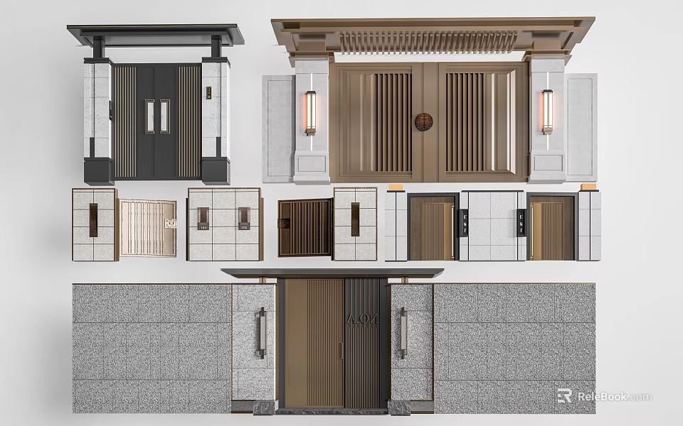 Modern Entrance Gate Design With Wooden Door Stone Wall And Decorative Lamps Frame 3d model 