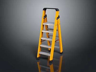 Yellow Folding Step Ladder With Black Handrail Four Steps And Non Slip Feet 3d model